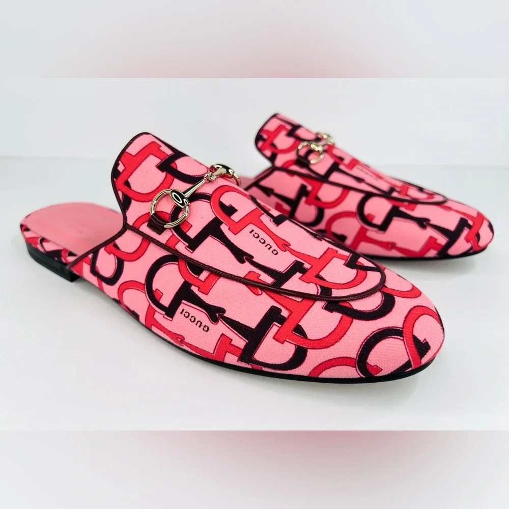 Gucci Princetown Horsebit Logo Print Pink Fabric Flat Loafer Mules Size EU 38.5 - Picture 5 of 12